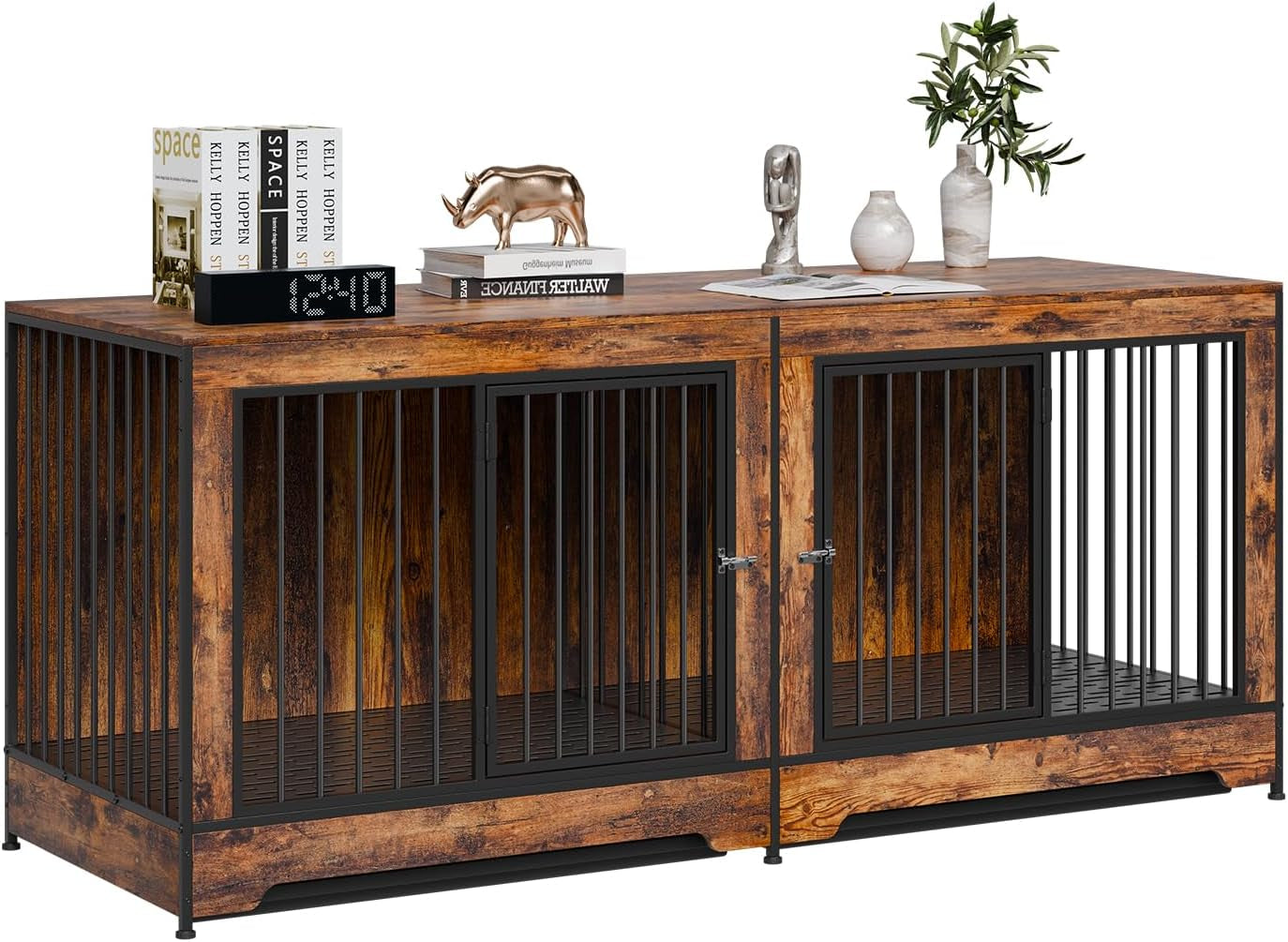 75 Inch Dog Crate Furniture for 2 Dogs, Divider, Double Doors, Brown | Wooden Tv Stand Styling Suits Medium or Large Breeds and Blends with Home Furniture, Creating Practical Space for Two Dogs