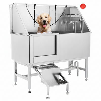 Grooming 62” Professional Dog Grooming Tub Water-Resistant Grooming Tub Pet Washing Station with Faucet, Walk-In Ramp and Accessories Left Door
