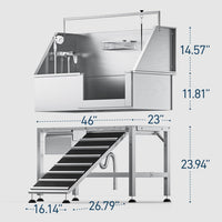 46" Heavy Duty Dog Washing Station - 304 Stainless Steel Pet Bathing Tub with Right Side Ramp, Elevated Grooming Sink with Storage Drawer & Removable Floor Grate, Outdoor Ready for Large & Medium Dogs