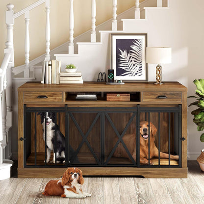 63" Double Dog Crate Furniture for 2 Dogs with Charging Station | Heavy Duty Wooden Dog Crate TV Stand, Dog Kennel Indoor Furniture Double Sliding Barn Door Design Ideal for 2 Dogs, Oak