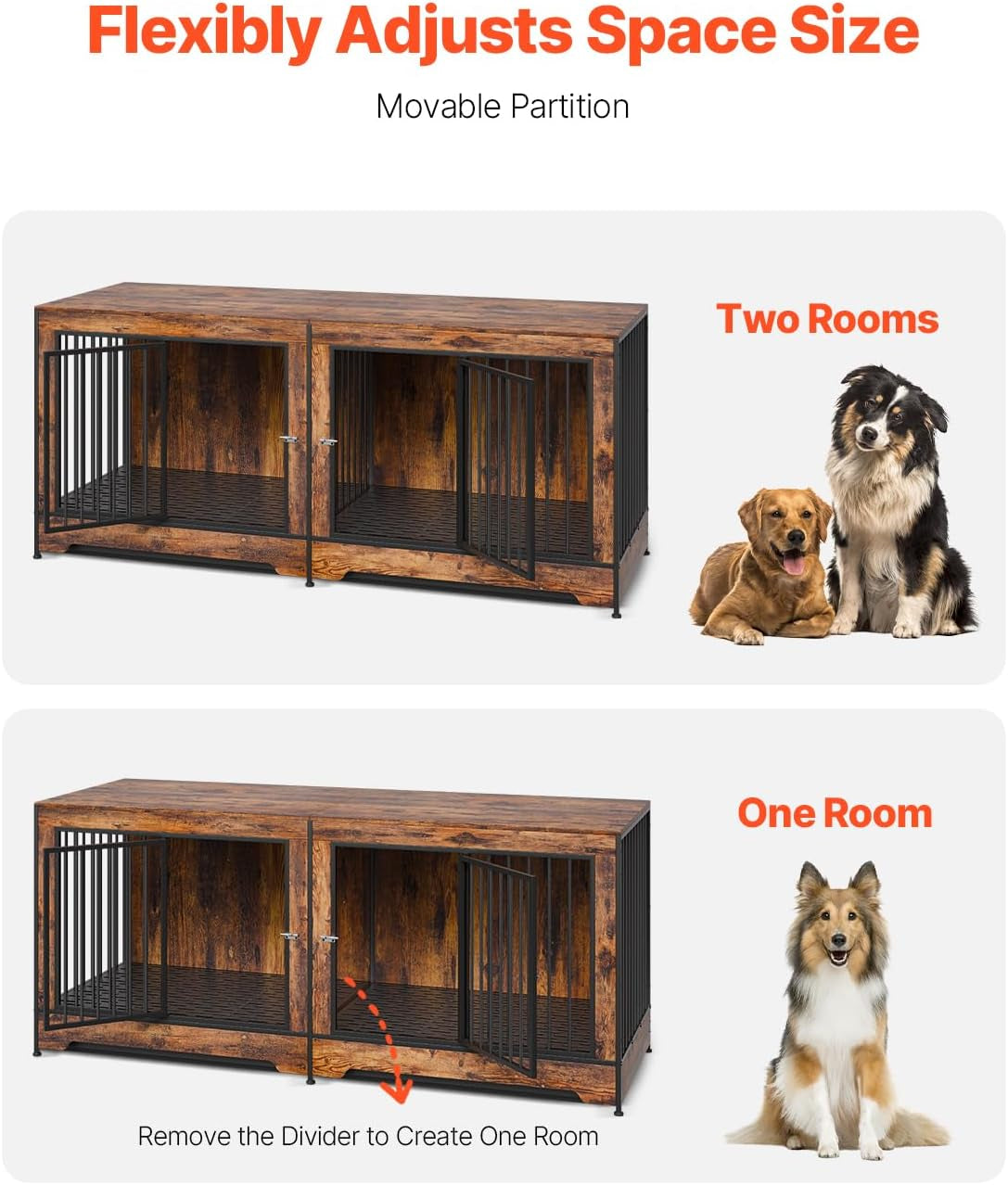75 Inch Dog Crate Furniture for 2 Dogs, Divider, Double Doors, Brown | Wooden Tv Stand Styling Suits Medium or Large Breeds and Blends with Home Furniture, Creating Practical Space for Two Dogs
