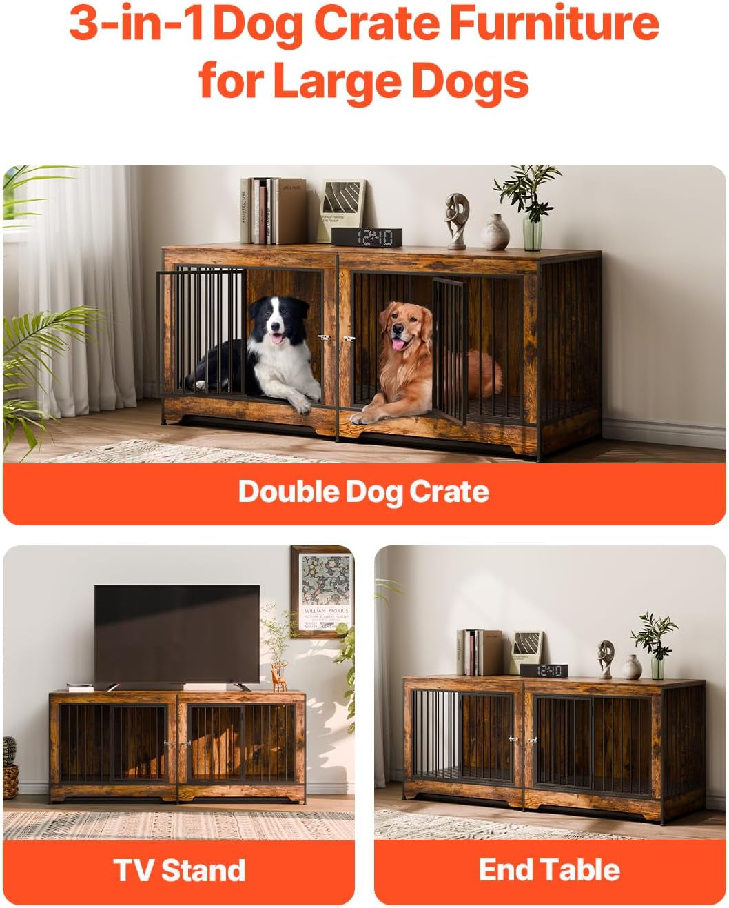 75 Inch Dog Crate Furniture for 2 Dogs, Divider, Double Doors, Brown | Wooden Tv Stand Styling Suits Medium or Large Breeds and Blends with Home Furniture, Creating Practical Space for Two Dogs