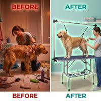 36" Dog Grooming Table,Foldable Home Pet Bathing Station with Adjustable Height Arm/Noose/Mesh Tray — Before & After