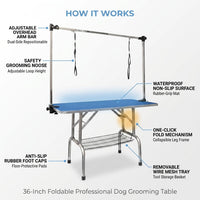 36" Dog Grooming Table,Foldable Home Pet Bathing Station with Adjustable Height Arm/Noose/Mesh Tray — How It Works
