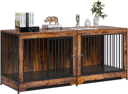 75 Inch Dog Crate Furniture for 2 Dogs, Divider, Double Doors, Brown | Wooden Tv Stand Styling Suits Medium or Large Breeds and Blends with Home Furniture, Creating Practical Space for Two Dogs