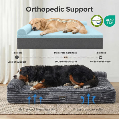 Orthopedic Memory Foam Dog Bed 7" Inch Thick Extra Large Dog Bed with Pillow 52"X36"X7" Includes Waterproof Liner & Durable Removable Cover, Grey