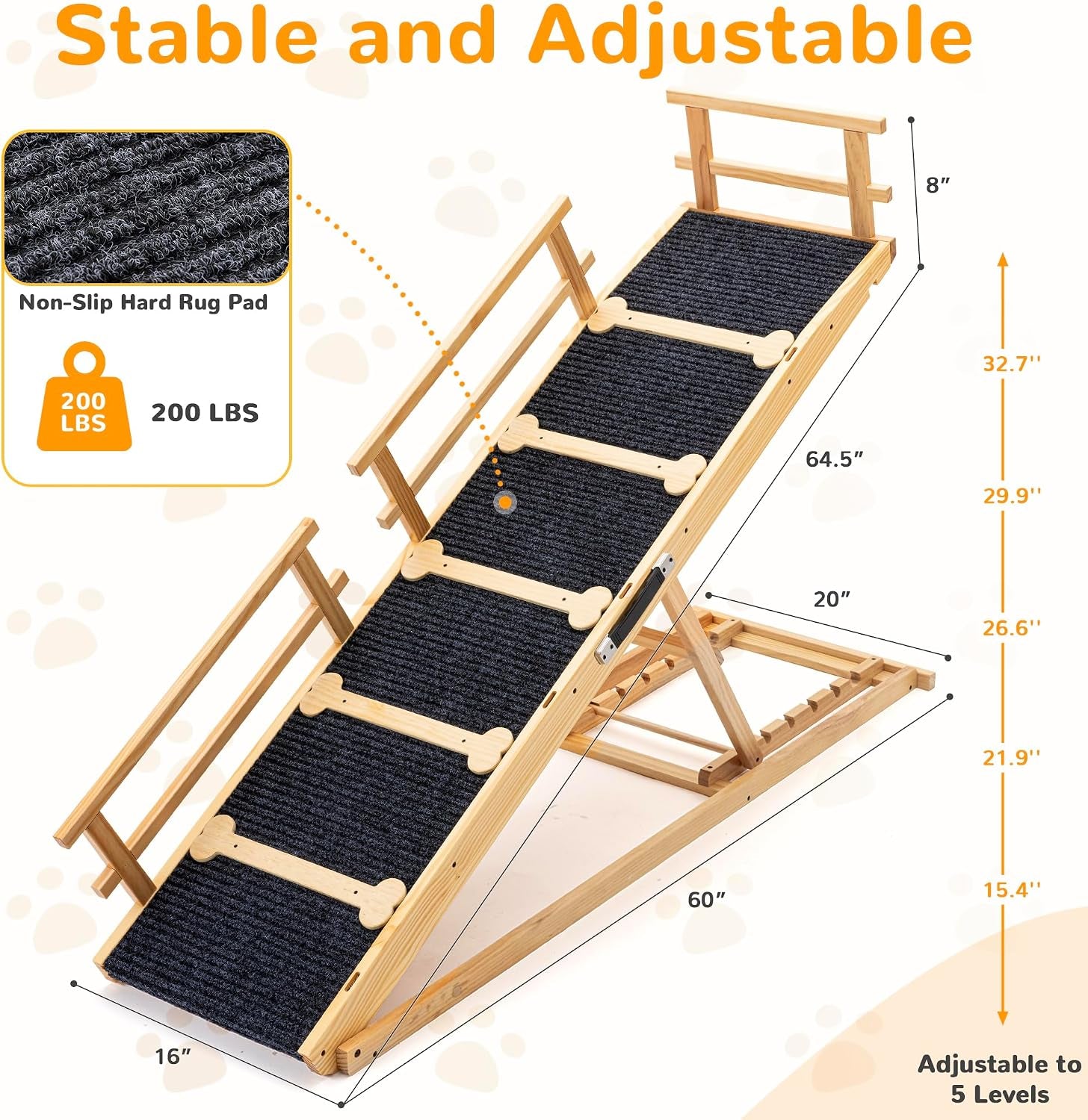 Dog Ramp for Bed and Couch, Wooden Pet Ramp Folding Portable for Couch and Bed, 64.5 Inch Long and Height Adjustable Dog Ramp with Anti-Slip Grip & Safety Rails, up to 200Lbs, Wood
