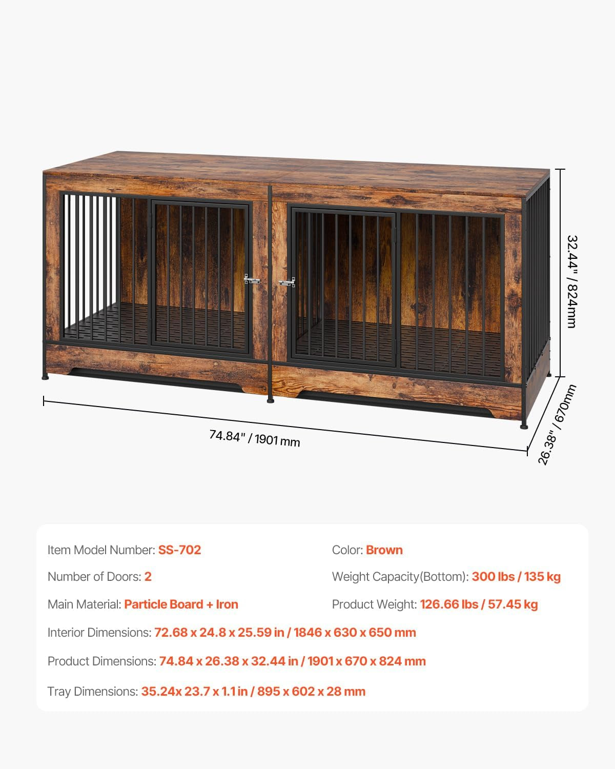 75 Inch Dog Crate Furniture for 2 Dogs, Divider, Double Doors, Brown | Wooden Tv Stand Styling Suits Medium or Large Breeds and Blends with Home Furniture, Creating Practical Space for Two Dogs