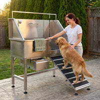 46" Heavy Duty Dog Washing Station - 304 Stainless Steel Pet Bathing Tub with Right Side Ramp, Elevated Grooming Sink with Storage Drawer & Removable Floor Grate, Outdoor Ready for Large & Medium Dogs — Lifestyle