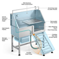 46" Heavy Duty Dog Washing Station - 304 Stainless Steel Pet Bathing Tub with Right Side Ramp, Elevated Grooming Sink with Storage Drawer & Removable Floor Grate, Outdoor Ready for Large & Medium Dogs — How It Works