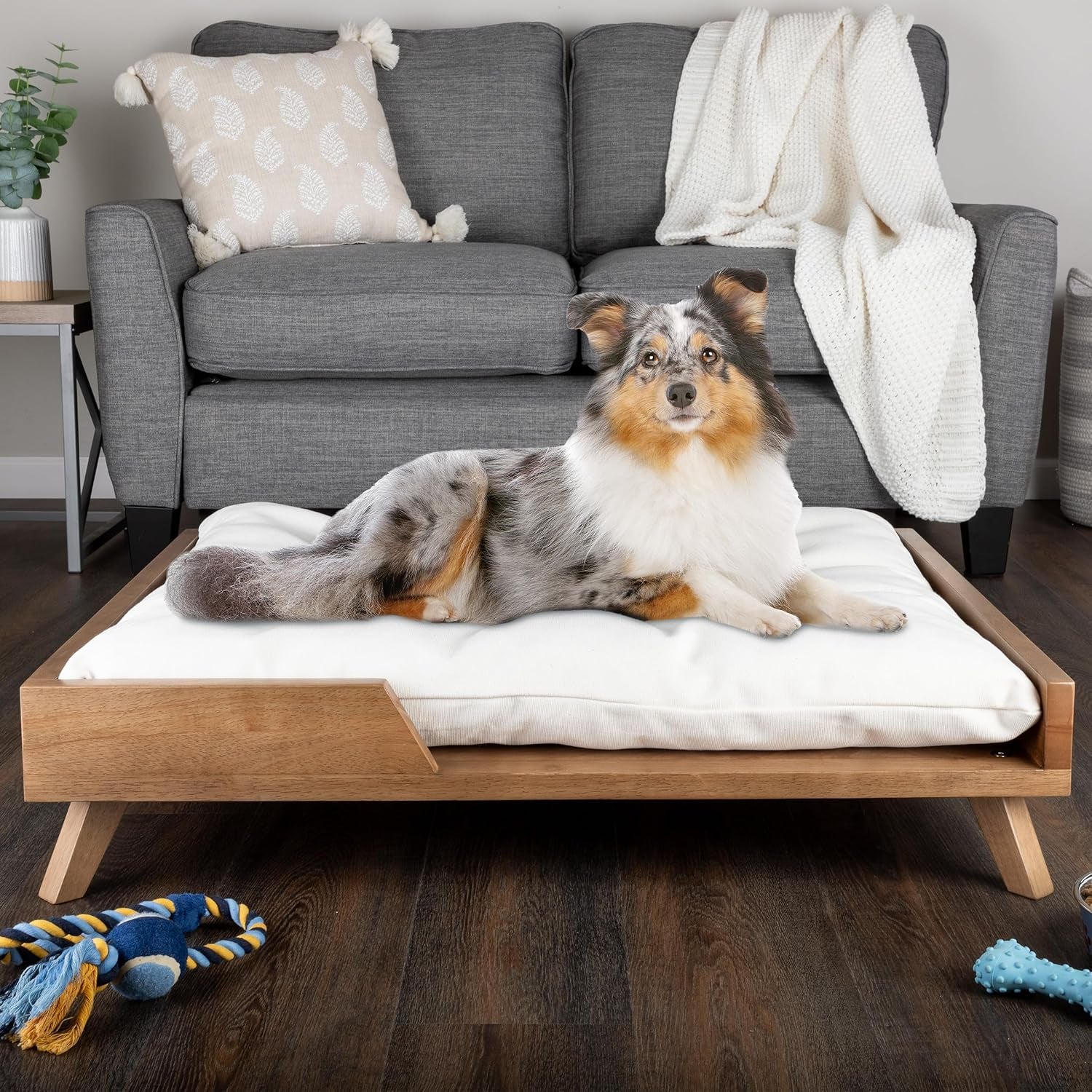 Elevated Dog Bed - 36” X 29.5” Indoor Pet Bed with Frame and Soft Cushion - Mid-Century Modern Wood Dog Bed for Medium to Large Pets by  (Natural)