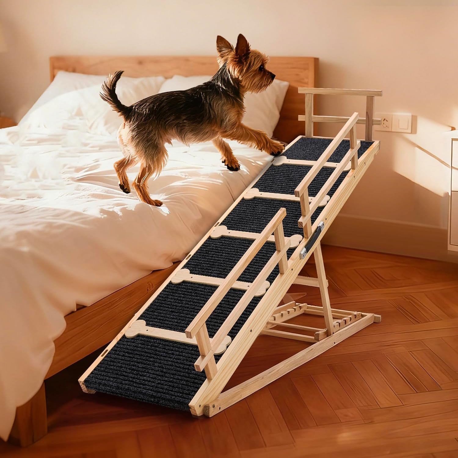 Dog Ramp for Bed and Couch, Wooden Pet Ramp Folding Portable for Couch and Bed, 64.5 Inch Long and Height Adjustable Dog Ramp with Anti-Slip Grip & Safety Rails, up to 200Lbs, Wood