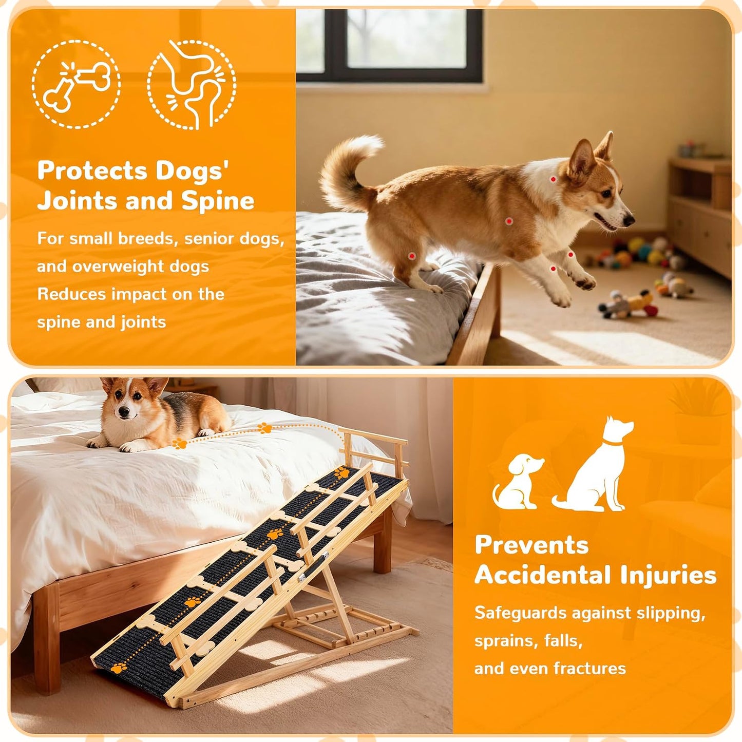 Dog Ramp for Bed and Couch, Wooden Pet Ramp Folding Portable for Couch and Bed, 64.5 Inch Long and Height Adjustable Dog Ramp with Anti-Slip Grip & Safety Rails, up to 200Lbs, Wood