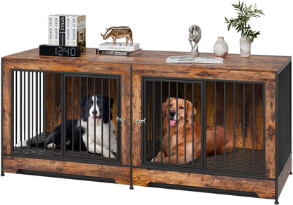 75 Inch Dog Crate Furniture for 2 Dogs, Divider, Double Doors, Brown | Wooden Tv Stand Styling Suits Medium or Large Breeds and Blends with Home Furniture, Creating Practical Space for Two Dogs