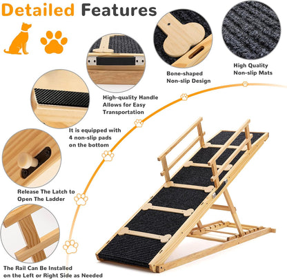 Dog Ramp for Bed and Couch, Wooden Pet Ramp Folding Portable for Couch and Bed, 64.5 Inch Long and Height Adjustable Dog Ramp with Anti-Slip Grip & Safety Rails, up to 200Lbs, Wood