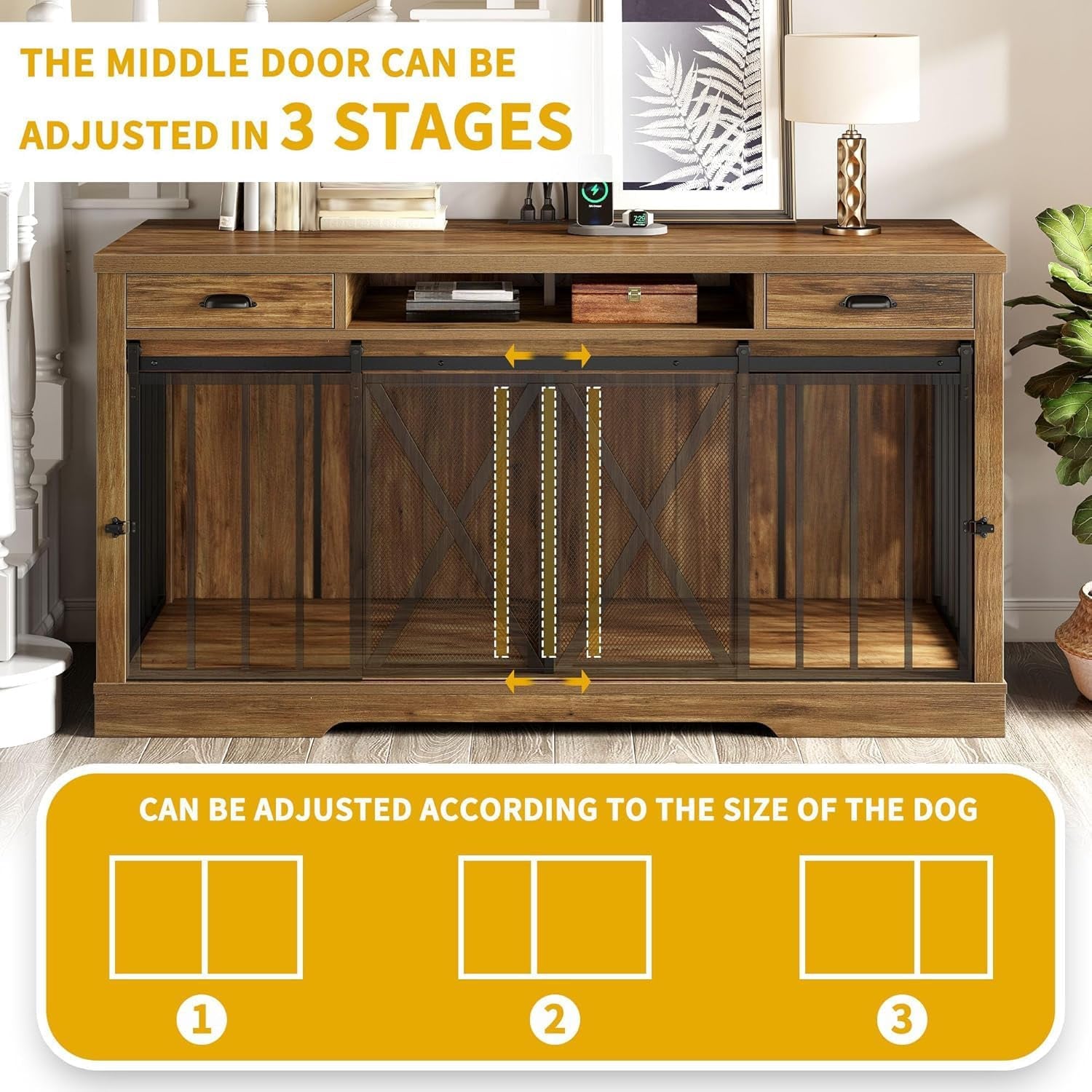 63" Double Dog Crate Furniture for 2 Dogs with Charging Station | Heavy Duty Wooden Dog Crate TV Stand, Dog Kennel Indoor Furniture Double Sliding Barn Door Design Ideal for 2 Dogs, Oak