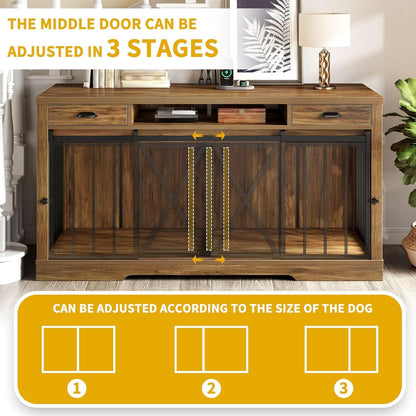 63" Double Dog Crate Furniture for 2 Dogs with Charging Station | Heavy Duty Wooden Dog Crate TV Stand, Dog Kennel Indoor Furniture Double Sliding Barn Door Design Ideal for 2 Dogs, Oak