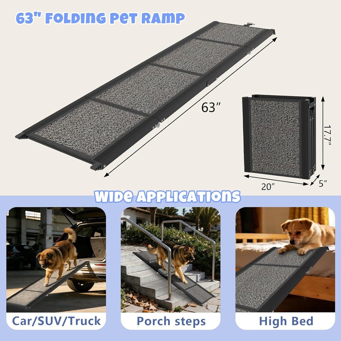 Dog Ramp for Car 63" X 20", Folding Pet Ramp for Large Dogs with Non-Slip Rug Surface, Portable Dog Car Ramp for SUV Car & Truck