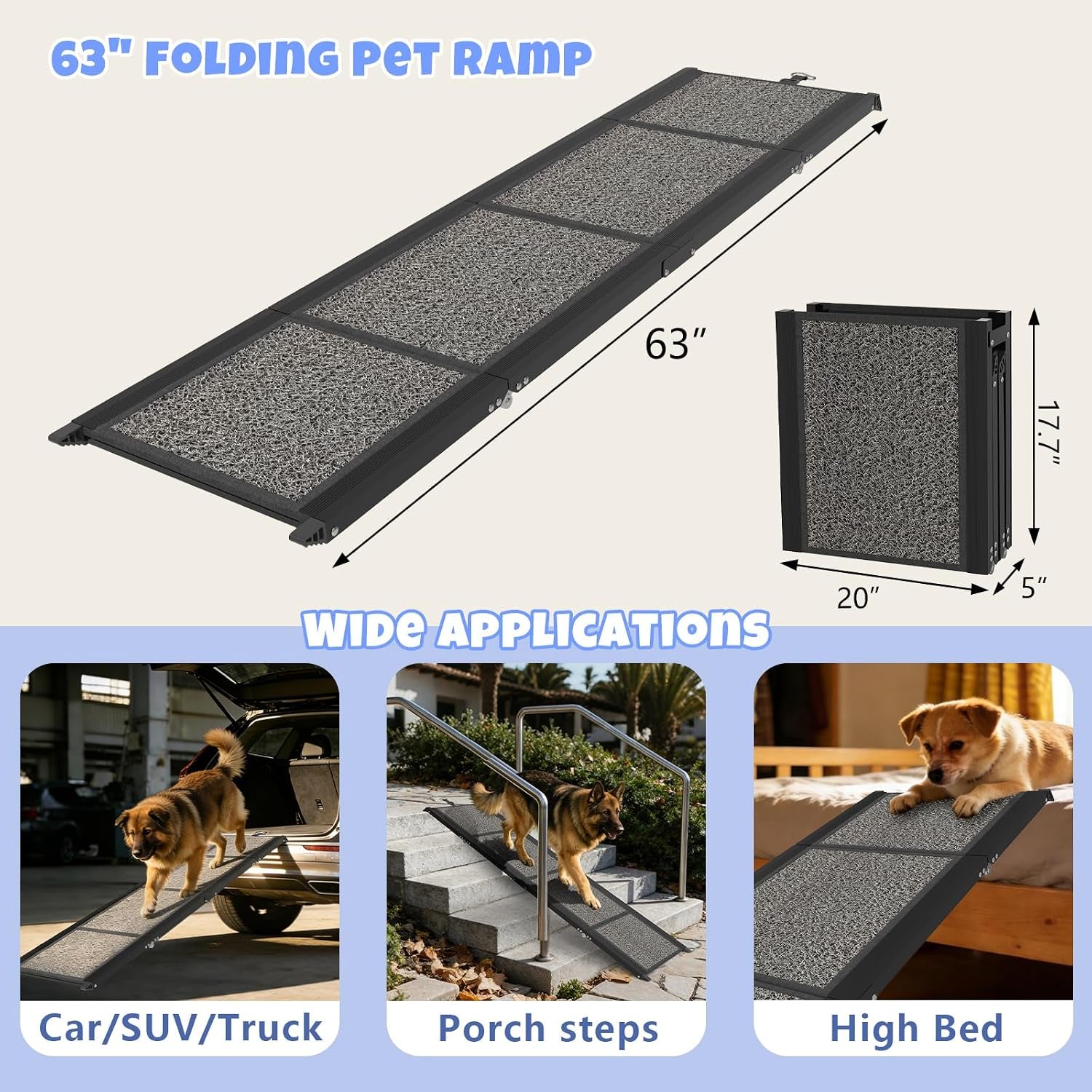 Dog Ramp for Car 63" X 20", Folding Pet Ramp for Large Dogs with Non-Slip Rug Surface, Portable Dog Car Ramp for SUV Car & Truck