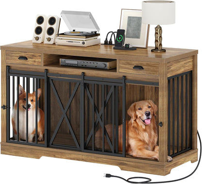 63" Double Dog Crate Furniture for 2 Dogs with Charging Station | Heavy Duty Wooden Dog Crate TV Stand, Dog Kennel Indoor Furniture Double Sliding Barn Door Design Ideal for 2 Dogs, Oak