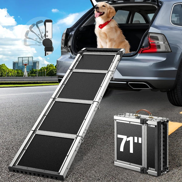 71" Aluminum Alloy Dog Ramp for Car SUV Truck Side Door, Foldable Outdoor Pet Ramp with Heavy Duty Steel Hinges, Non-Slip Traction Surface, Sturdy Ramp for Large Dogs up to 200 LBS (5 Folded)