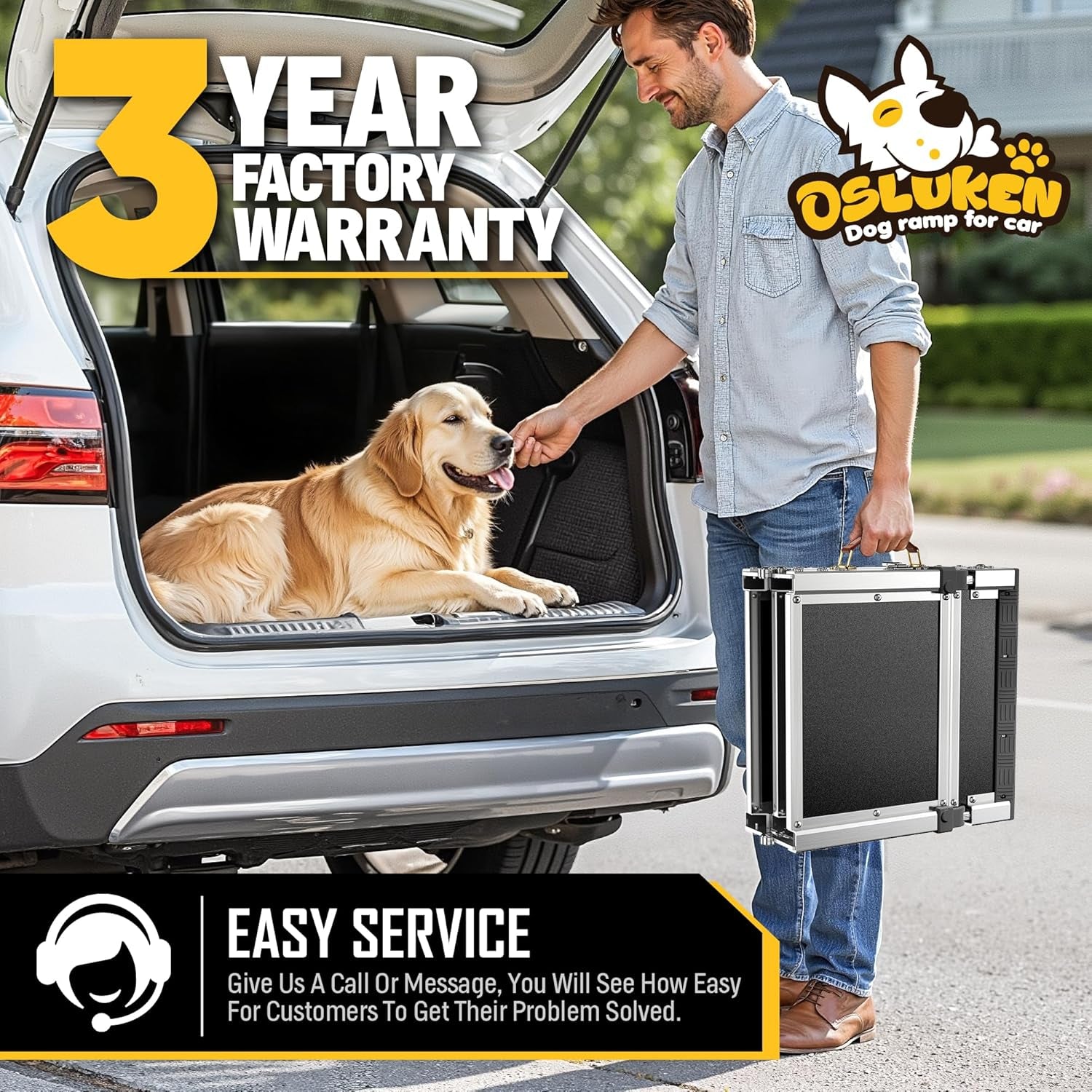 71" Aluminum Alloy Dog Ramp for Car SUV Truck Side Door, Foldable Outdoor Pet Ramp with Heavy Duty Steel Hinges, Non-Slip Traction Surface, Sturdy Ramp for Large Dogs up to 200 LBS (5 Folded)