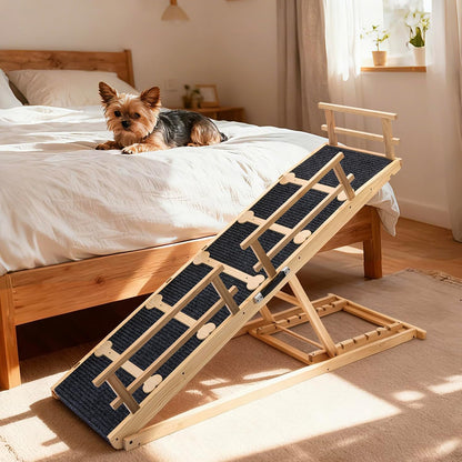 Dog Ramp for Bed and Couch, Wooden Pet Ramp Folding Portable for Couch and Bed, 64.5 Inch Long and Height Adjustable Dog Ramp with Anti-Slip Grip & Safety Rails, up to 200Lbs, Wood