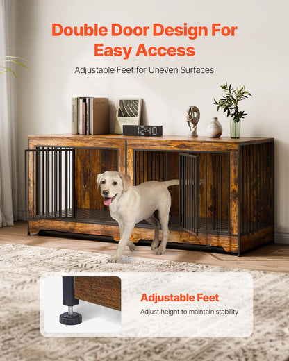 75 Inch Dog Crate Furniture for 2 Dogs, Divider, Double Doors, Brown | Wooden Tv Stand Styling Suits Medium or Large Breeds and Blends with Home Furniture, Creating Practical Space for Two Dogs