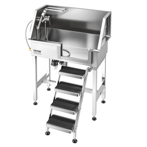 34-Inch Stainless Steel Dog Washing Station with Stairs | Right Door | 220-lb Capacity
