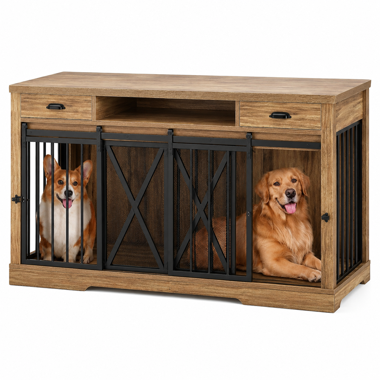 63 Inch Double Dog Crate Furniture with Charging Station