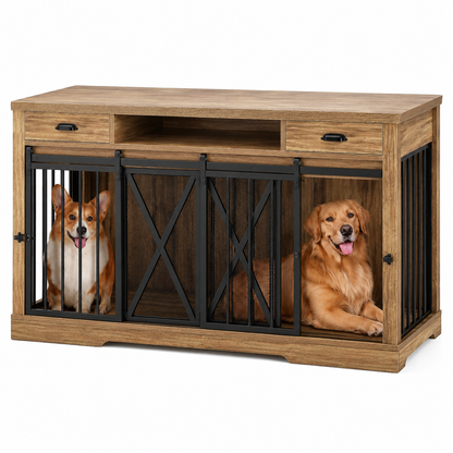63 Inch Double Dog Crate Furniture with Charging Station
