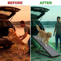 Dog Ramp for Cars, 71" L × 17.2" W, Extra-Long Foldable | Extra-Long for a Gentler Climb, Non-Slip Rug Surface, 250-Lb Capacity, Space-Saving Storage, Stable Support — Before & After