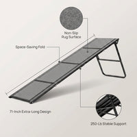 Dog Ramp for Cars, 71" L × 17.2" W, Extra-Long Foldable | Extra-Long for a Gentler Climb, Non-Slip Rug Surface, 250-Lb Capacity, Space-Saving Storage, Stable Support — infographic