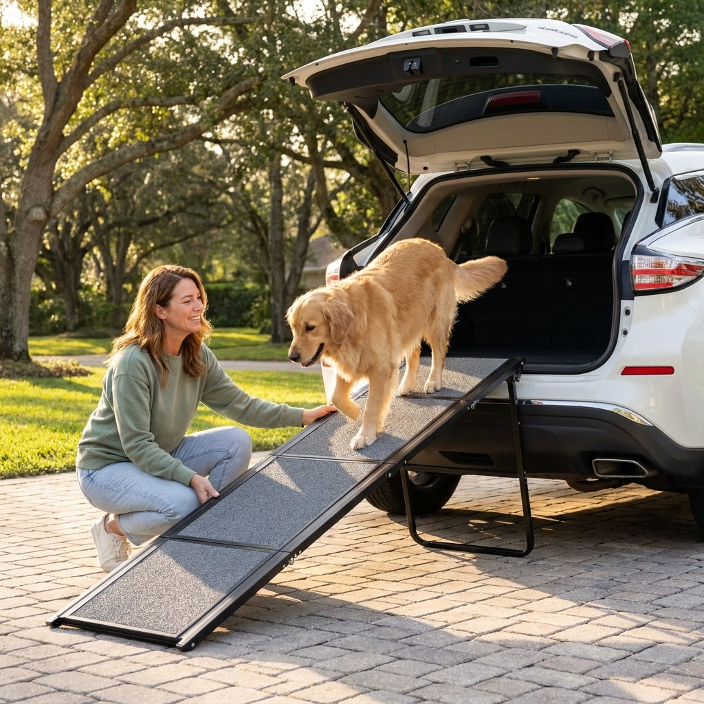 Dog Ramp for Cars, 71" L × 17.2" W, Extra-Long Foldable | Extra-Long for a Gentler Climb, Non-Slip Rug Surface, 250-Lb Capacity, Space-Saving Storage, Stable Support — Lifestyle