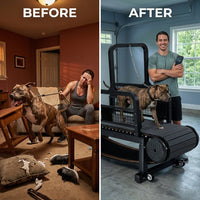 Dog Treadmill, Non-Motorized, Quiet, Smooth, Adjustable Pet Treadmill, Pit Bull Training Equipment with Brakes and Speedometer — Before & After