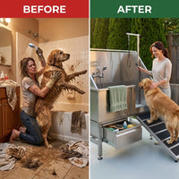 Dog Washing Station Built for Large Breeds, 304 Stainless Steel Tub, Right Side Ramp, Storage Drawer — Before & After