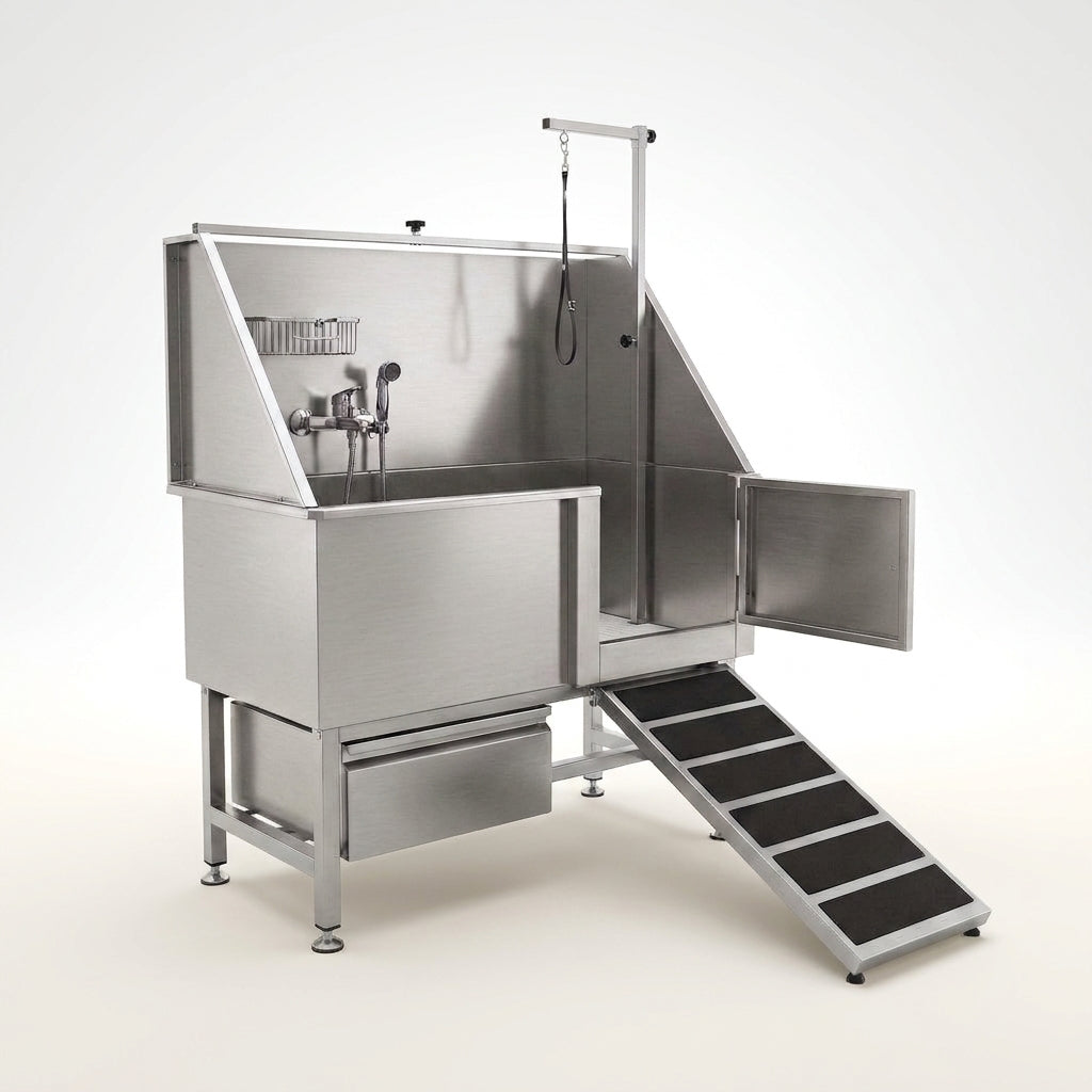 Dog Washing Station Built for Large Breeds, 304 Stainless Steel Tub, Right Side Ramp, Storage Drawer — Studio Shot