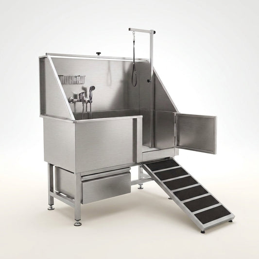 Dog Washing Station Built for Large Breeds, 304 Stainless Steel Tub, Right Side Ramp, Storage Drawer — Studio Shot