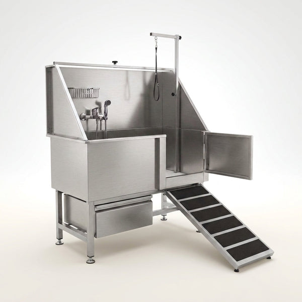Dog Washing Station Built for Large Breeds, 304 Stainless Steel Tub, Right Side Ramp, Storage Drawer — Studio Shot