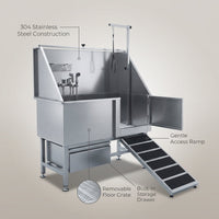 Dog Washing Station Built for Large Breeds, 304 Stainless Steel Tub, Right Side Ramp, Storage Drawer — infographic