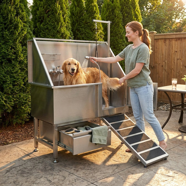 Dog Washing Station Built for Large Breeds, 304 Stainless Steel Tub, Right Side Ramp, Storage Drawer