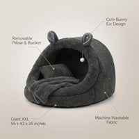 Human Dog Bed for Adults, Extra Large XXL Dog Bed for Humans, Cats & Pets, Giant Human Size Dog Bed with Removable Pillow & Blanket, Machine Washable, Cute Bunny Ear Design, 55"X43"X35", Grey — infographic