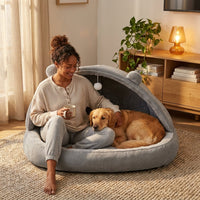 Human Dog Bed for Adults, Extra Large XXL Dog Bed for Humans, Cats & Pets, Giant Human Size Dog Bed with Removable Pillow & Blanket, Machine Washable, Cute Bunny Ear Design, 55"X43"X35", Grey — Lifestyle
