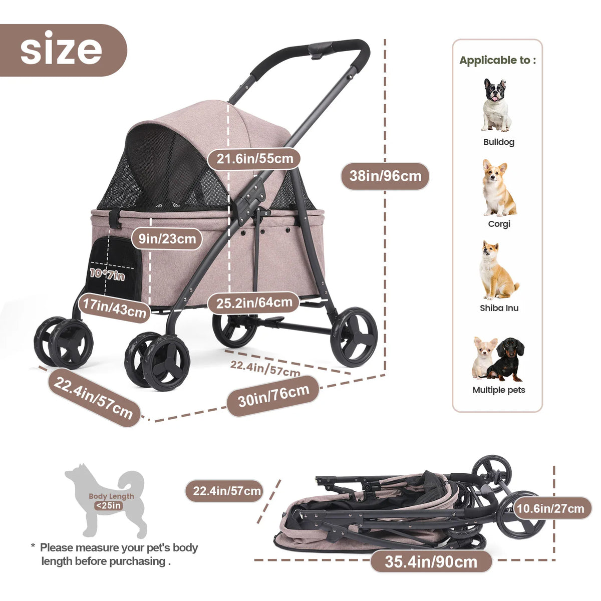 4-Wheel Foldable Dog Stroller with Detachable Tote | Up to 80 lbs