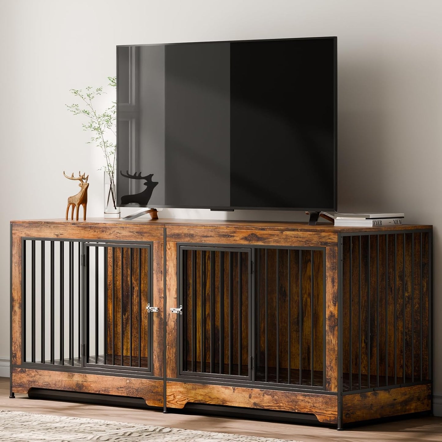 75 Inch Dog Crate Furniture for 2 Dogs, Divider, Double Doors, Brown | Wooden Tv Stand Styling Suits Medium or Large Breeds and Blends with Home Furniture, Creating Practical Space for Two Dogs