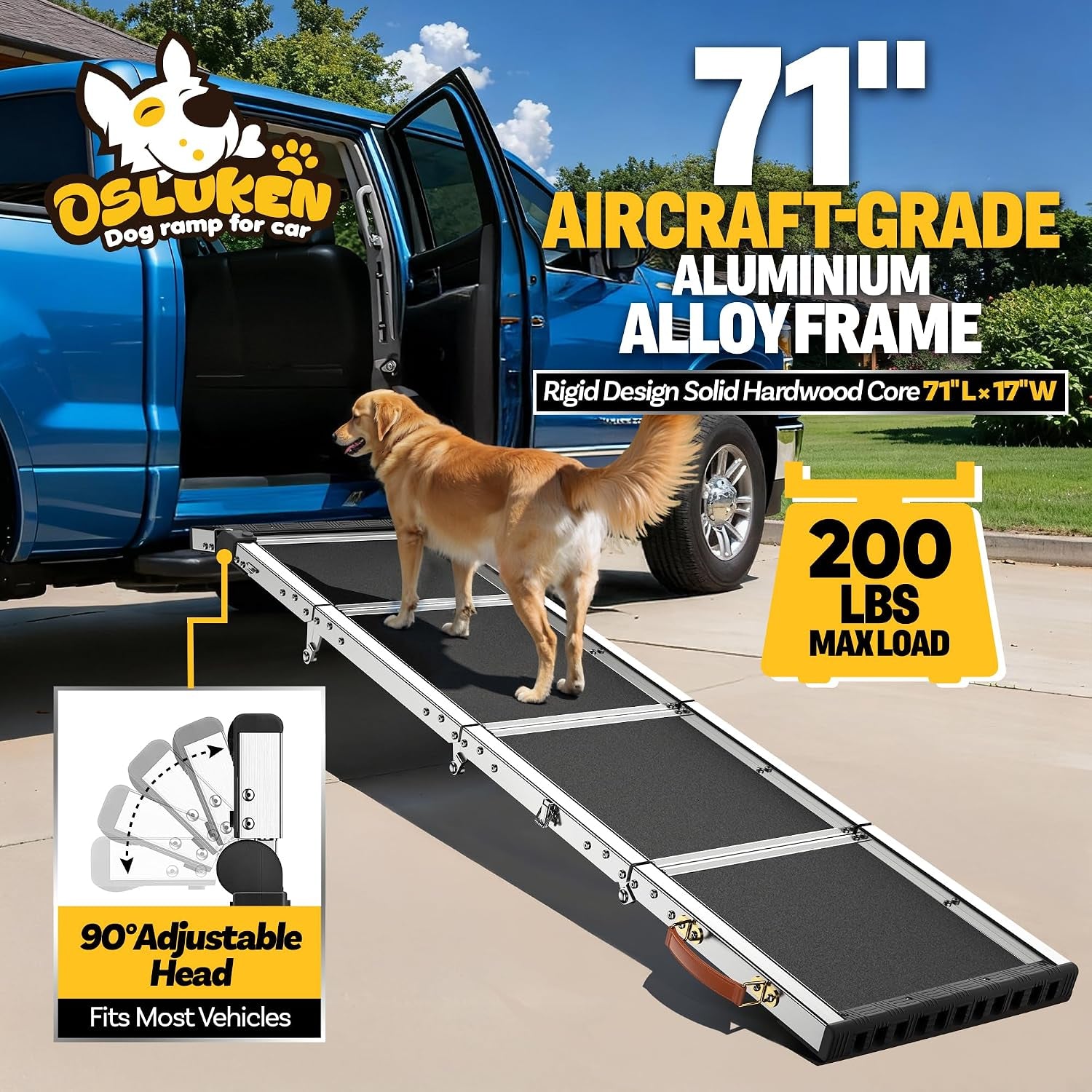 71" Aluminum Alloy Dog Ramp for Car SUV Truck Side Door, Foldable Outdoor Pet Ramp with Heavy Duty Steel Hinges, Non-Slip Traction Surface, Sturdy Ramp for Large Dogs up to 200 LBS (5 Folded)