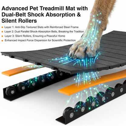 Dog Treadmill with Pin-Hinged Track & 3-Layer Shock Absorption | Waterproof Dirt-Resistant Slats, Secure Disc Brake Lock, Speed Monitor, Quiet Wheels for Indoor Outdoor Large Pet Cardio.