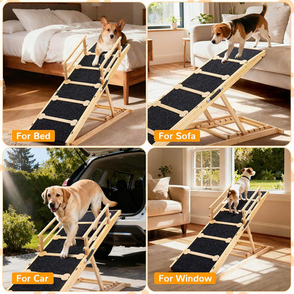 Dog Ramp for Bed and Couch, Wooden Pet Ramp Folding Portable for Couch and Bed, 64.5 Inch Long and Height Adjustable Dog Ramp with Anti-Slip Grip & Safety Rails, up to 200Lbs, Wood