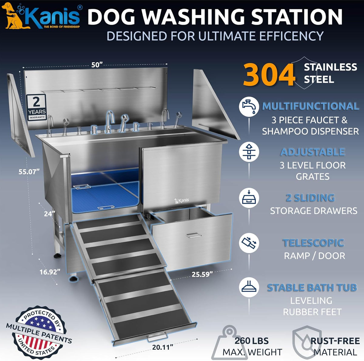 Professional Dog Washing Station 304 Stainless Steel Pets Grooming Tub