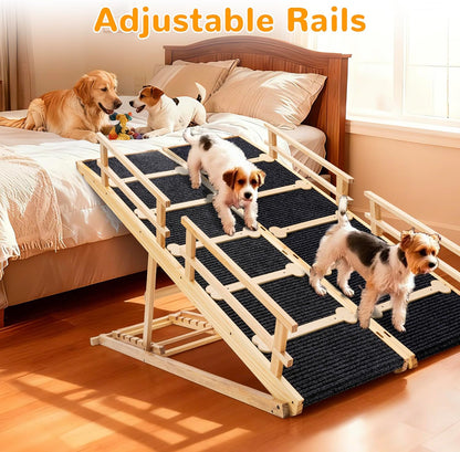 Dog Ramp for Bed and Couch, Wooden Pet Ramp Folding Portable for Couch and Bed, 64.5 Inch Long and Height Adjustable Dog Ramp with Anti-Slip Grip & Safety Rails, up to 200Lbs, Wood